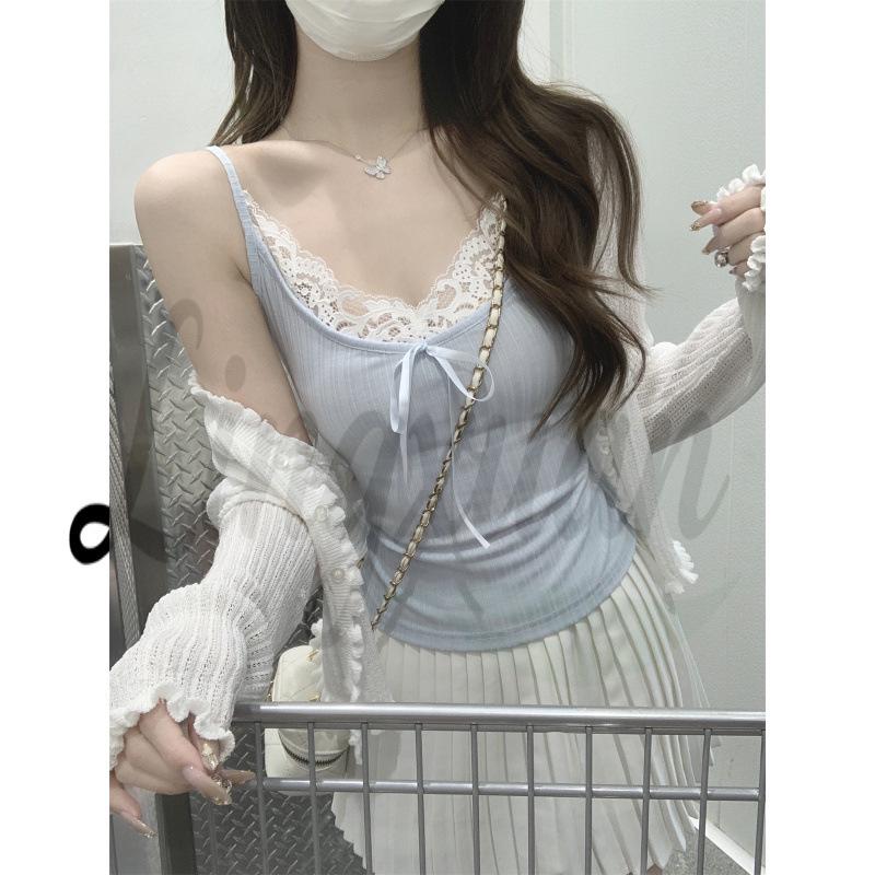 Early Autumn Korean Style Lace-Up Slim-Fit Camisole T-Shirt Medium синий