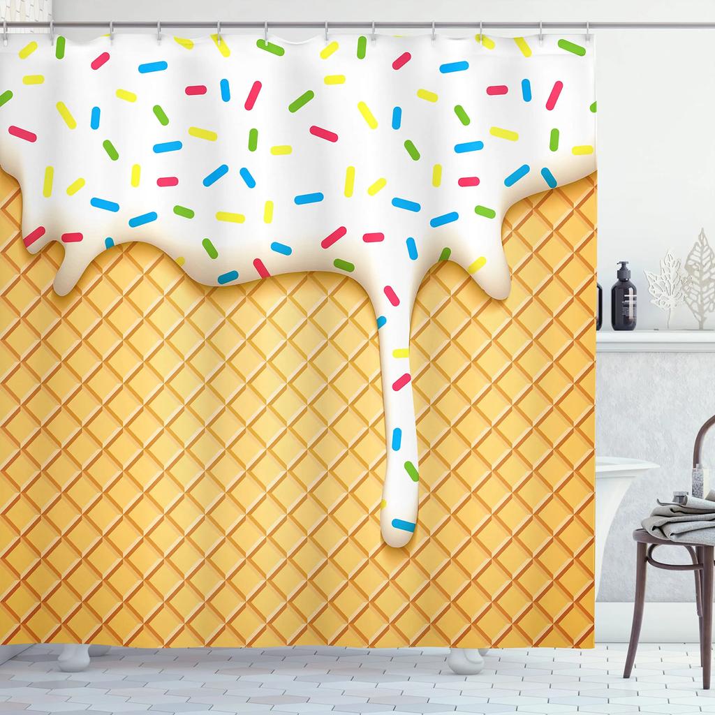 Ice Cream Shower Curtain Summer Flower Rainbow Popsicle Colorful Dots Design Fabric Waterproof Bath Curtain Bathroom Curtain Set