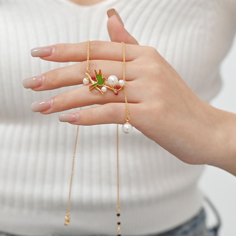 Elegant Bird & Berry Cloisonné Enamel Pearl Necklace with Tassel