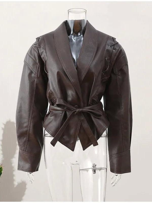 2026 Autumn Retro Faux Leather Jacket with Tie Lapel