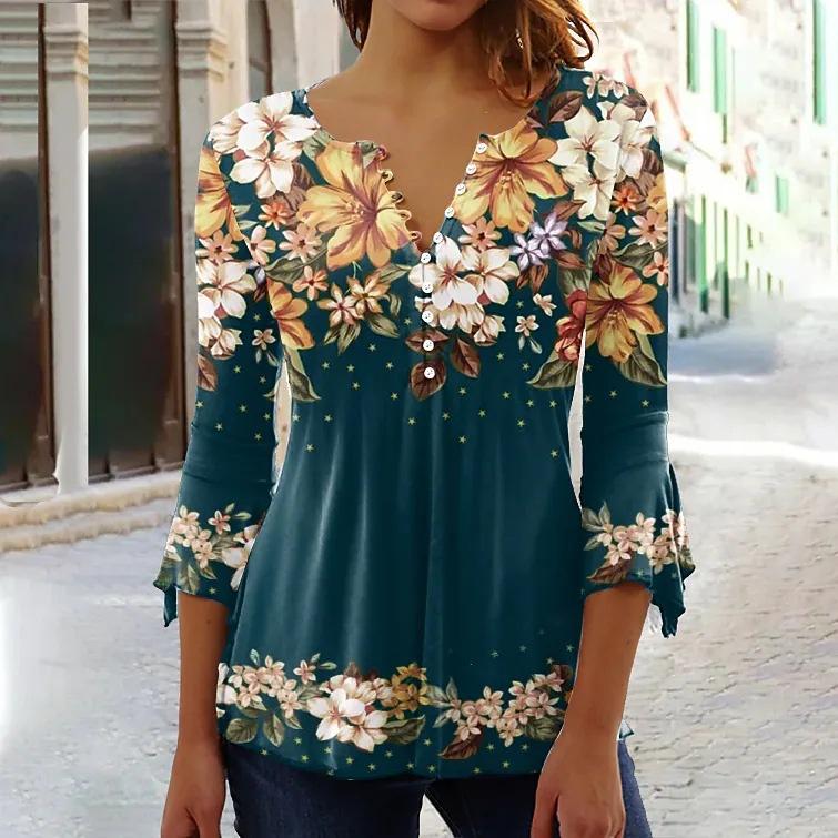 TIFICY Women's Fashion Casual Summer Spring Flower Pattern Print 3/4 Sleeves V-Neck Blouses & Shirts