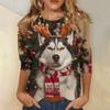 Dámské módní a ležérní top s tříčtvrtečním rukávem a vánočním potiskem s kulatým výstřihem