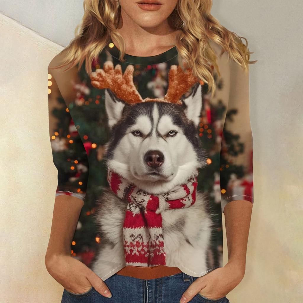 Dámské módní a ležérní top s tříčtvrtečním rukávem a vánočním potiskem s kulatým výstřihem