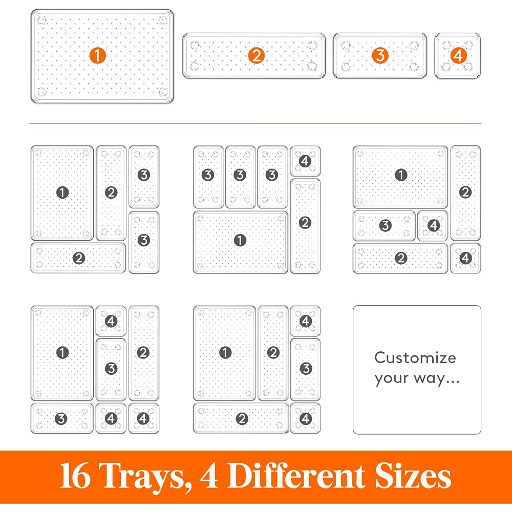 Lifewit Drawer Organizer Tray Set 16 Pieces Clear Plastic Storage Box for Makeup Accessories and Small Items