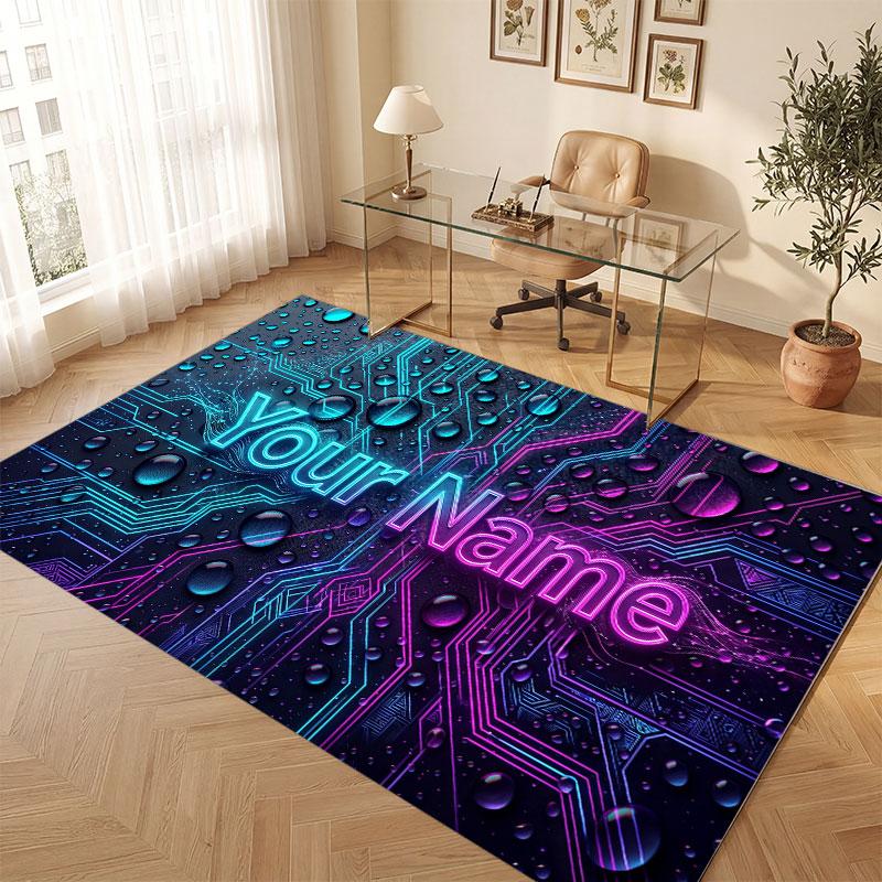 City Cyberpunk Theme Crystal Velvet Floor Rug Personalized Custom Name Text Warm Carpet Home Decoration