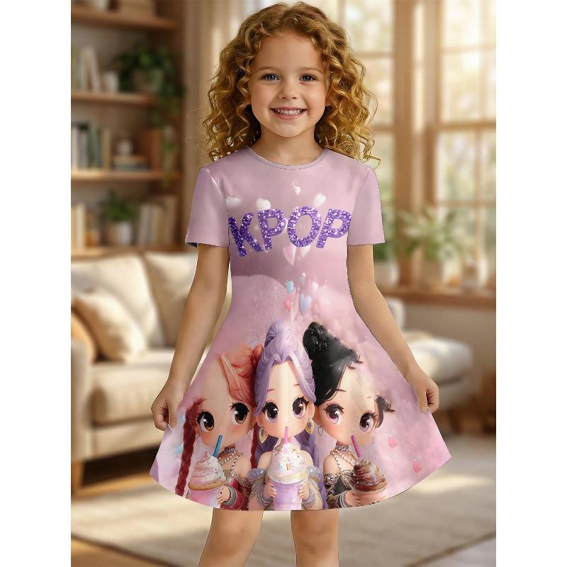 Little Girls Warm Sweet Cute Soft Lovely Cartoon Graphic Summer Swing Dress Short Sleeve Kids Casual Daily Outfit