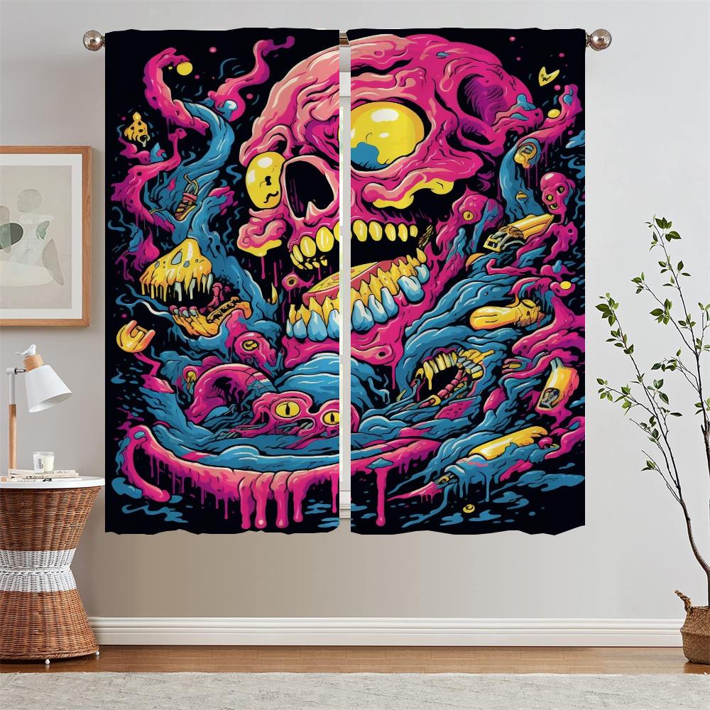 Cartoon Skull Illustration Kitchen Curtain Tiebacks Bedroom Curtains 2 Pieces Black Out Curtains for Living Room Tentacles Blind