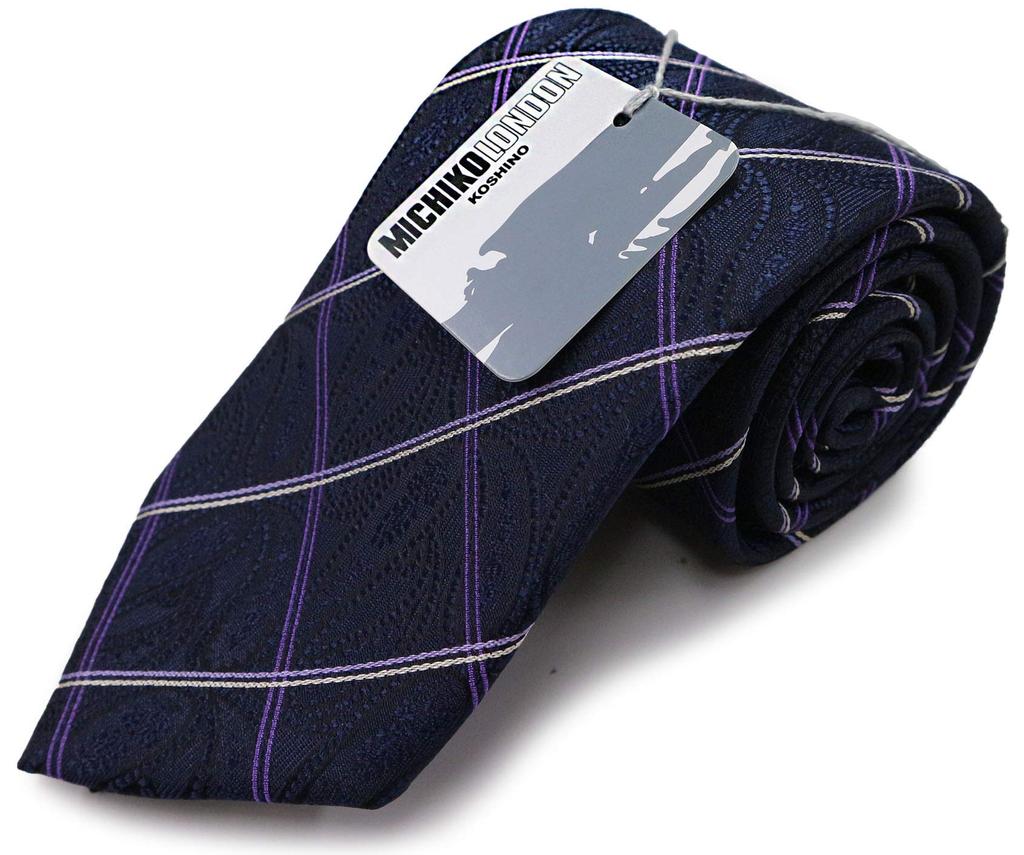 [Michiko London] Brand Necktie, Made In Japan, 100% Silk, Jacquard Weave, Paisley Pattern (Pattern B: Navy)