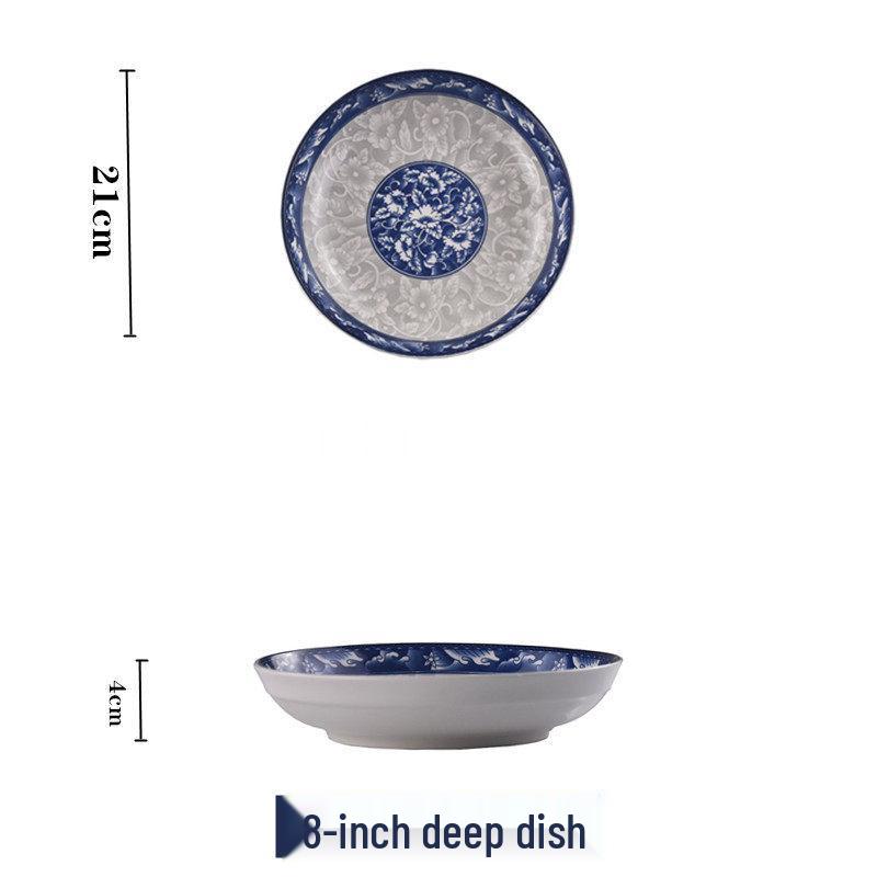 Set de 4 farfurii ceramice japoneze alb-albastru, de 8 inch: Include farfurie adâncă, farfurie pentru orez și farfurie pentru friptură.