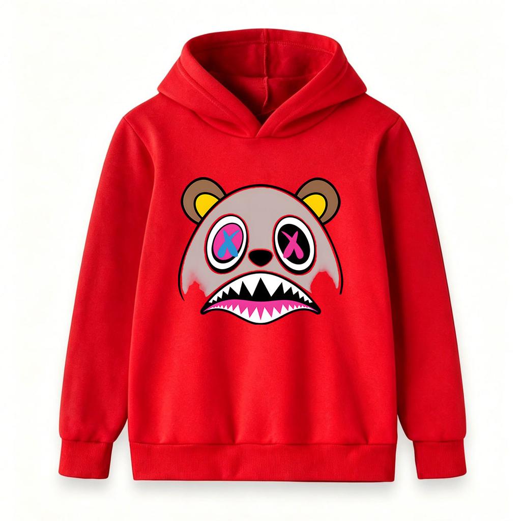 Kids Boys Girls Cute Cartoon Bear Graphic Pullover Hoodie, Cool X Eye Angry Bear Print Long Sleeve Casual Sweatshirt for Daily Wear Party Street
