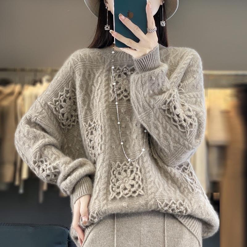 2024 Women's Autumn/Winter 100% Pure Wool Thick Hollow Out Round Neck Sweater