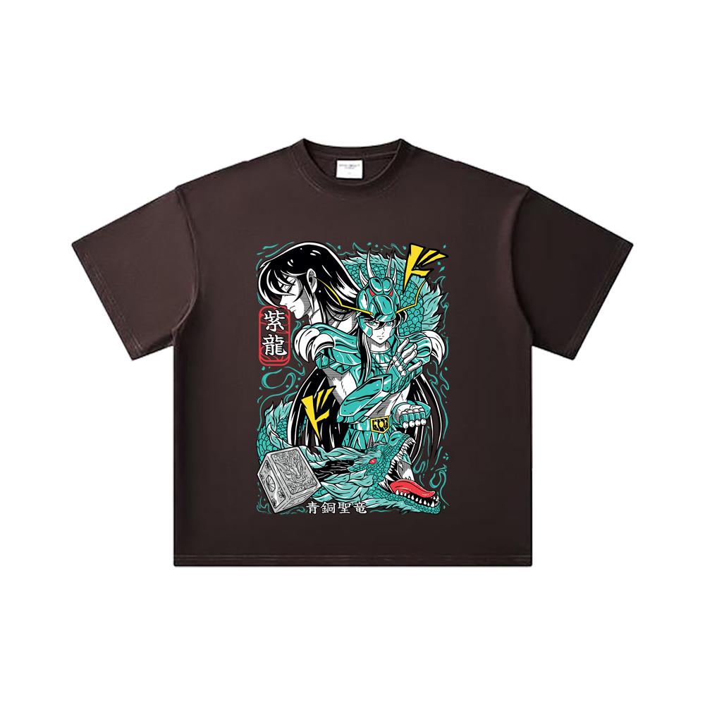 260 GSM Double Yarn 32 Count 100% Cotton Saint Seiya V8 Shiryu Print Unisex Heavy Cotton T Shirt