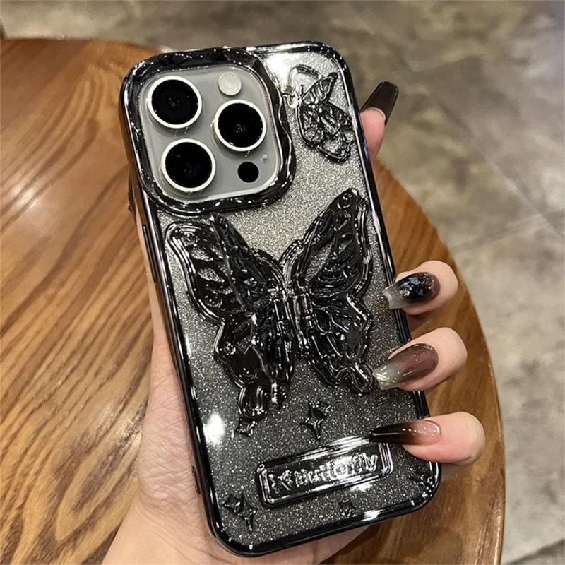 

Роскошный чехол с градиентным цветом и блестящим кронштейном-бабочкой-держателем для iPhone 14 12 13 15 Pro Max, мягкий прозрачный чехол iPhone 14 Pro Max чёрный