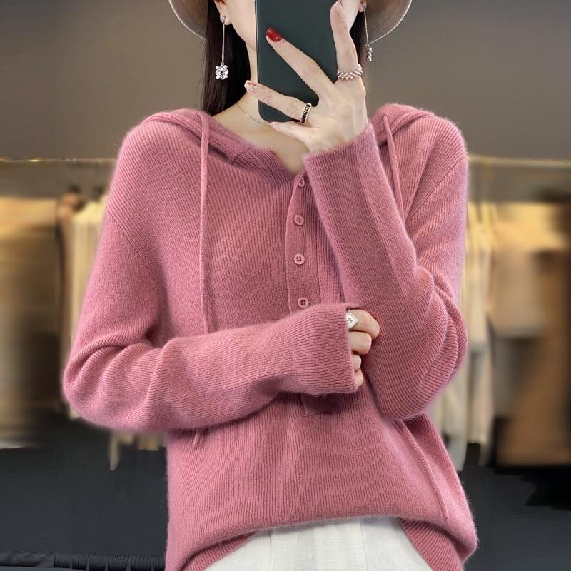 Autumn and Winter Women's Hooded Sweater Candy Color Single Breasted Hooded Knitted Base Sweater