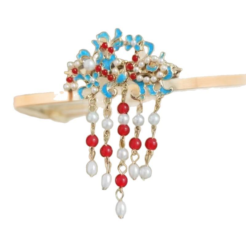 Ancient Style Blue Cloud Pearl Hairpin with Tassel Edge - Elegant Chinese Inspired Hair Accessory