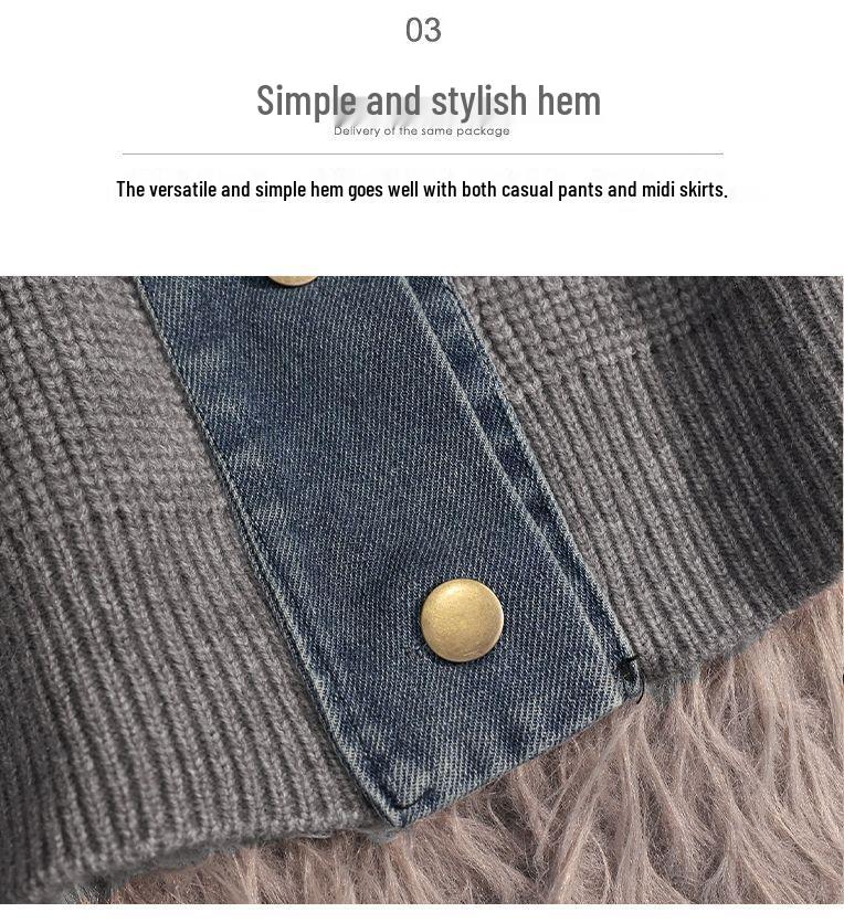 2025 Retro Denim Collar Knit Cardigan: Women's Loose Fake Two-Piece Short Design