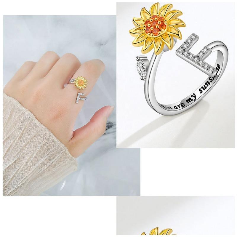 Creative Sunflower Rotating Ring 26 Letters Adjustable Open Design Women's Fashion Finger Jewelry Daily Wear & Gift Accessories