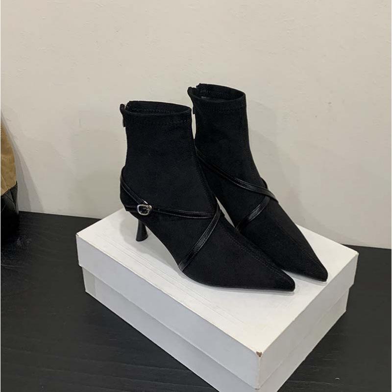 European and American cross belt buckle high-heeled short boots, new suede pointed thin heel rear zipper thin boots in autumn and winter 2025