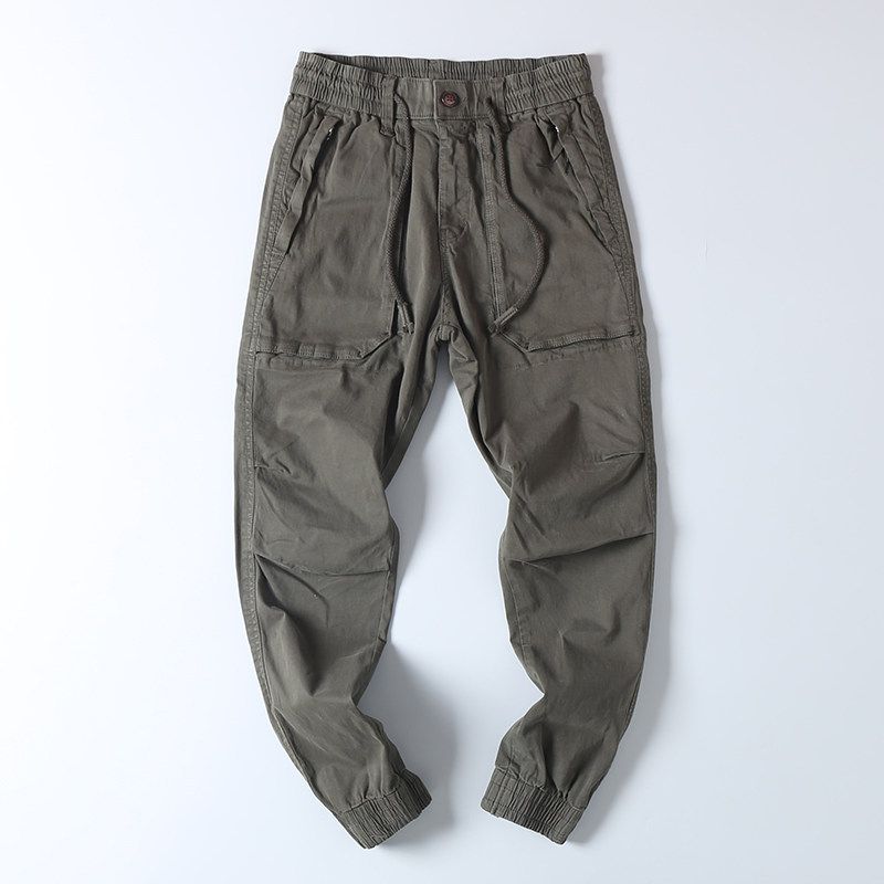 Export OEM Goods Tail Goods Pure Cotton Washed Overalls Casual Pants Men Trendy Spring & Fall Elastic Waist Ankle-Tied Harem Pants