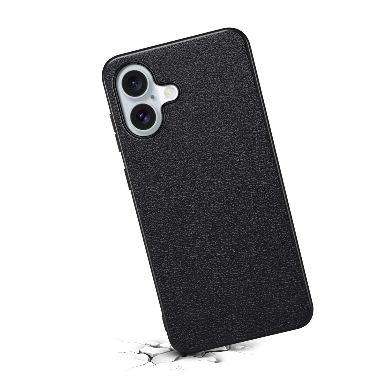 

For iPhone 16 Case Leather Coated PC+TPU Anti-Scratch Phone Cover
