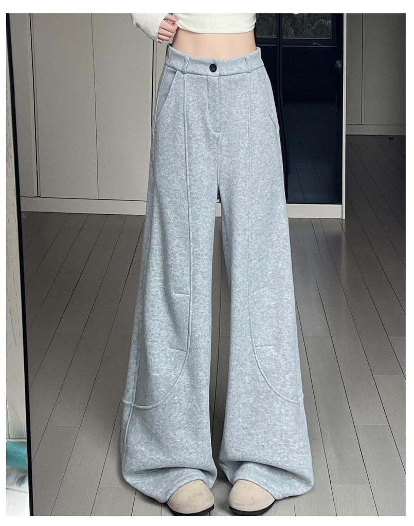 Women's High-Waisted Wool Pants - Black/Grey, Thick, Curved Leg, Autumn/Winter 2025, Slimming Straight-Leg with Velvet, Suit Style.
