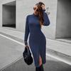 Abito Maglia Midi Collo Alto da Donna Invernale Manica Lunga A-line Maglione Vestibilità Slim Caldo Casual