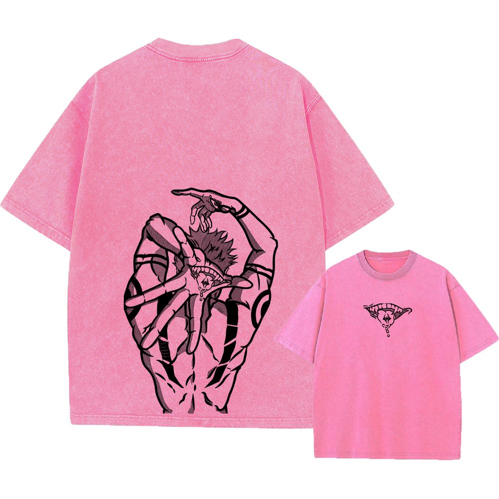 Anime Printed Streetwear Vintage Washed T-shirt Men Harajuku Manga Graphic Print Gojo Acid Wash Tops Tee Shirt