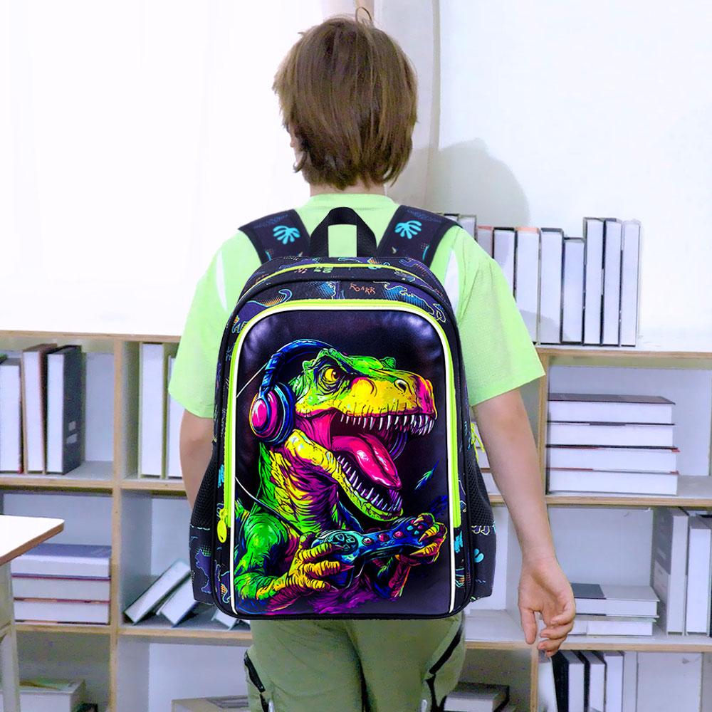 3PCS Kids Dinosaur Backpack for Boys, 16" Cool UV Printing Bookbag/School Bag with Lunch Box & Pencil Bag for Preschool To Eleme