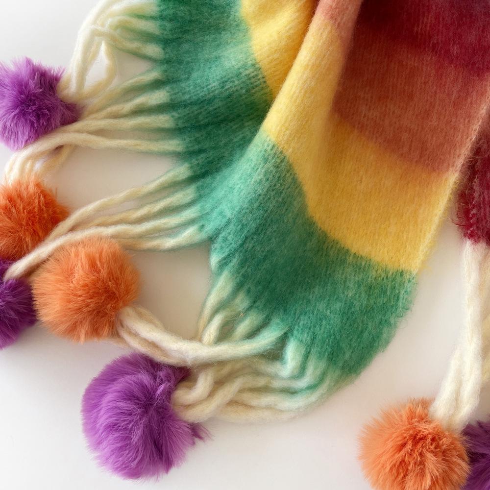 Winter Rainbow Striped Scarf Soft Hanging Hairball Scarf Mohair Thickened Warm Student Cold Scarf Shawl