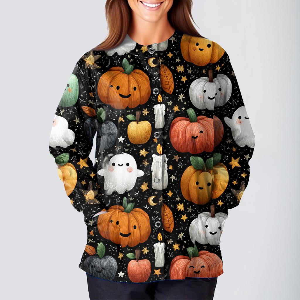 Women's Casual Fashion Long Sleeve Standing Collar Single Breasted Halloween Printed Workwear Jacket Tops