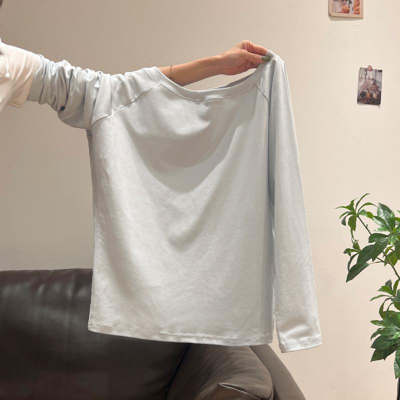 Spring Autumn Sloping Shoulders Solid Color T-shirt Women Long Sleeve Casual Fashion All-match Pullover Tee Top