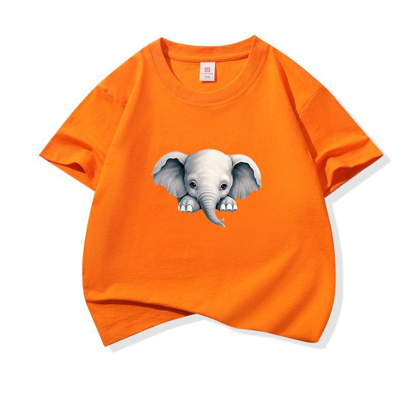 Kids Cotton T Shirt Cute Peeking Little Elephant Print Crew Neck Short Sleeve Tee Casual Breathable Boys Girls Summer Tops