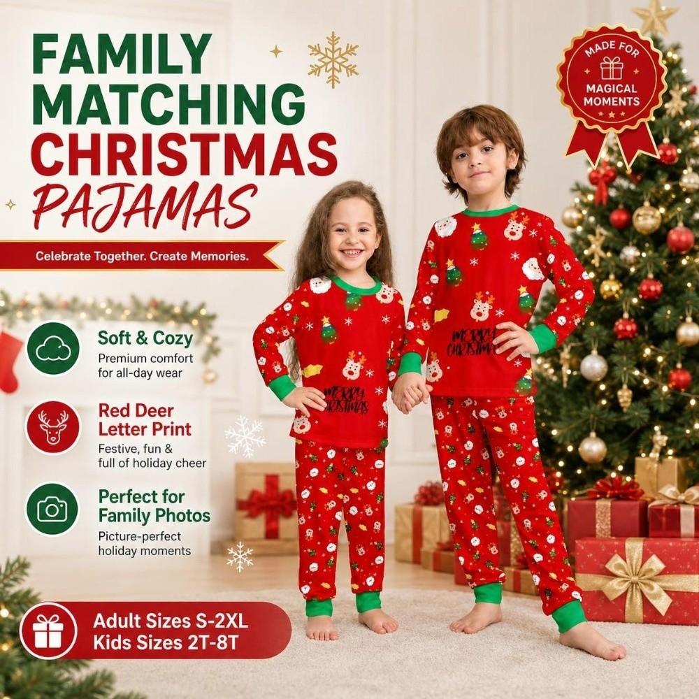 Long Sleeve Family Matching Pyjamas Printed Top+Pants Red Couple Christmas Outfit Adult Kids