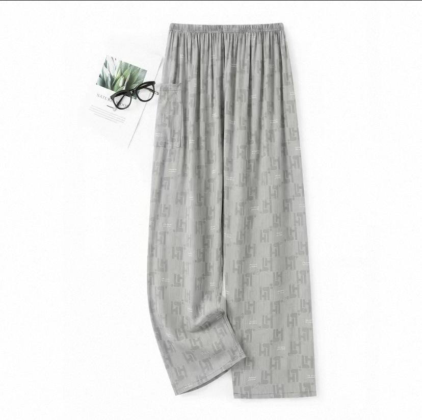 Summer men's cotton and silk pajama pants plaid home pants loose can be worn outside beach long pants youth artificial cotton