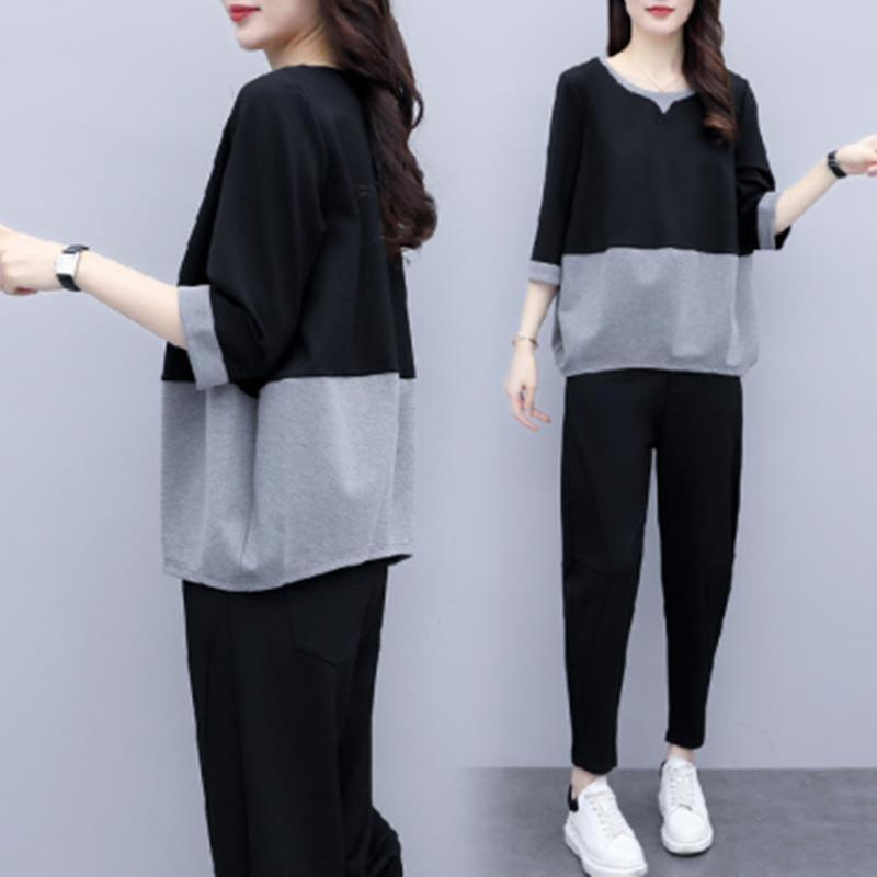 Women's Loose Fit Two-piece Suit Three Quarter Sleeve Color Block Top Elastic Waist Ankle Pants Casual Matching Set