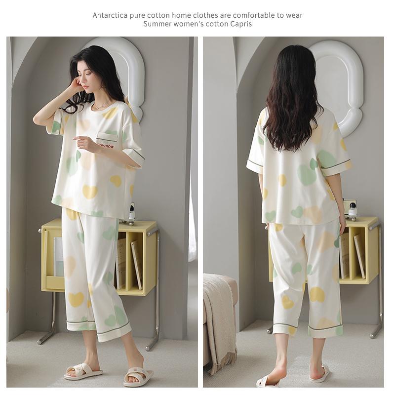 Pajamas Ladies Summer Cotton Short Sleeve Thin Spring and Autumn Cropped Pants Homewear Suit New Summer