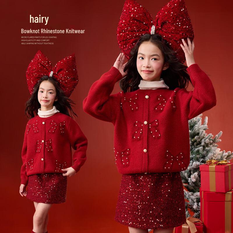 

Girls Winter Faux Two-Piece Bow Beaded Sweater 150