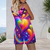 Women Plus Size Sleeveless Cami Short Romper Colorful Rainbow Heart Star Print Jumpsuit With Side Pockets