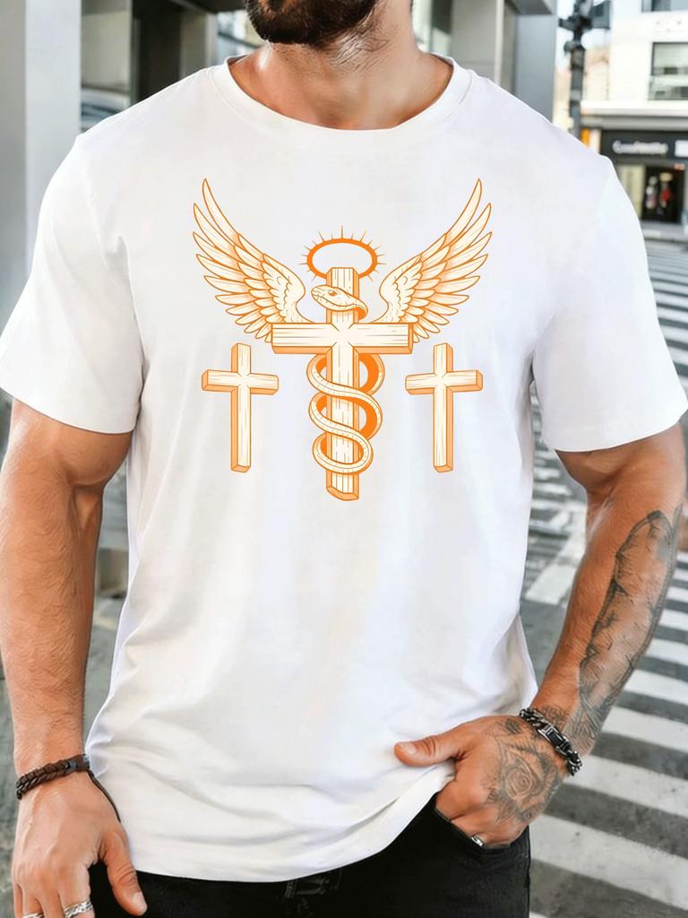 Three Crosses Winged Snake Religious Art Unisexs T Shirt Faith Symbol Graphic Tee Casual Short Sleeve Top Christian Believer Gift