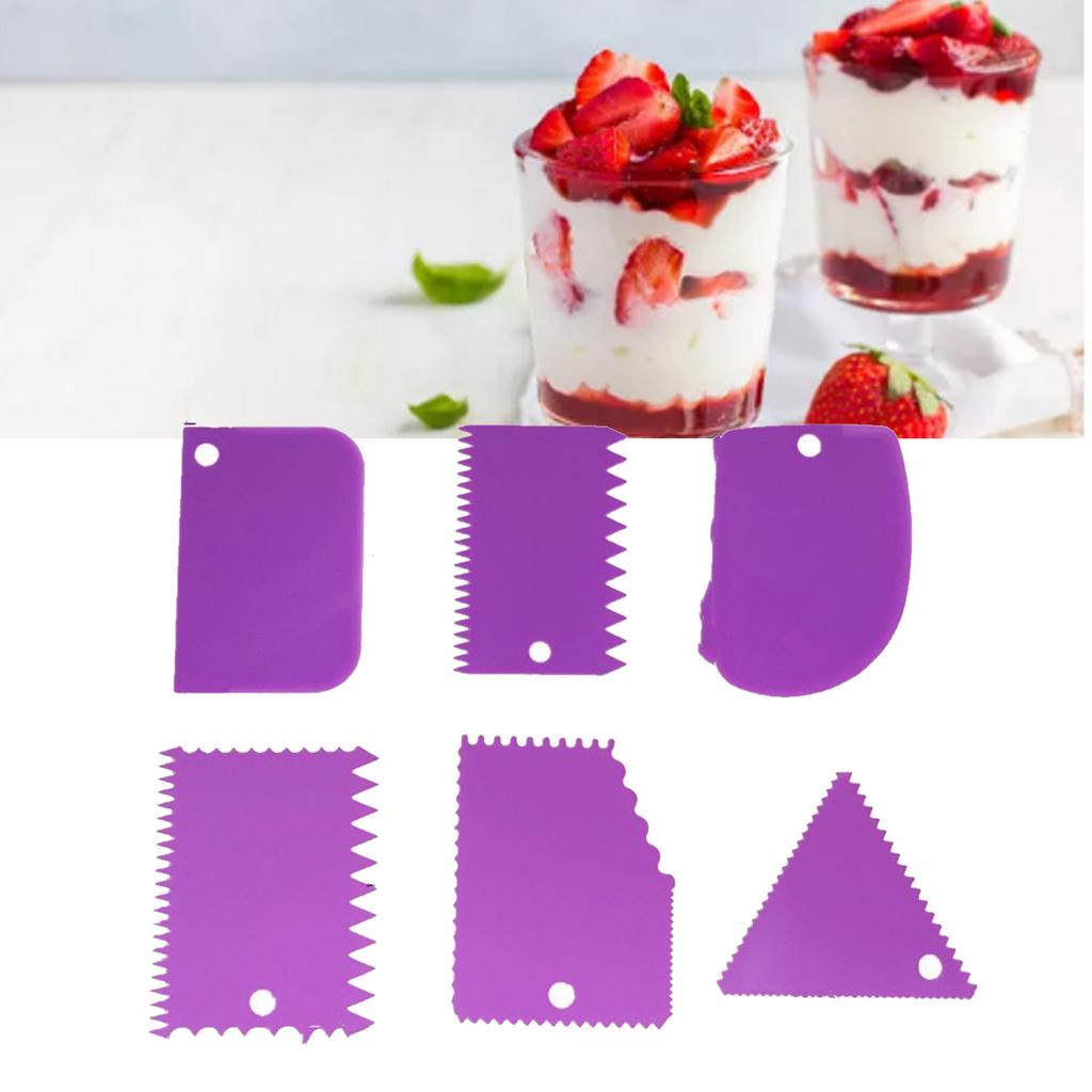 6PCS Cake Scraper Smoother Trapezoidal Semicircle Arc Triangular Sawtooth Cream Scraper Cake Making Tool Set Purple