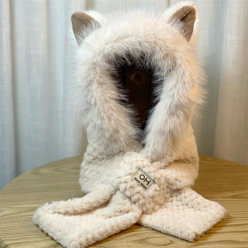 

Шапка с лисьими ушками и шарф «все в одном» для женщин, зимняя милая плюшевая пушистая шапка с животным и шарф, набор из двух предметов one size