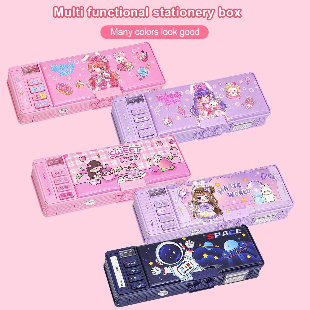 Dual Password Lock Pencil Case Automatic Pop-Up Double Layers Stationery Box Storage Organizer Stationery Case School Office
