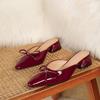 Spring square head burgundy bow high heel cool slippers women's large size microfiber leather single shoes fine high heel