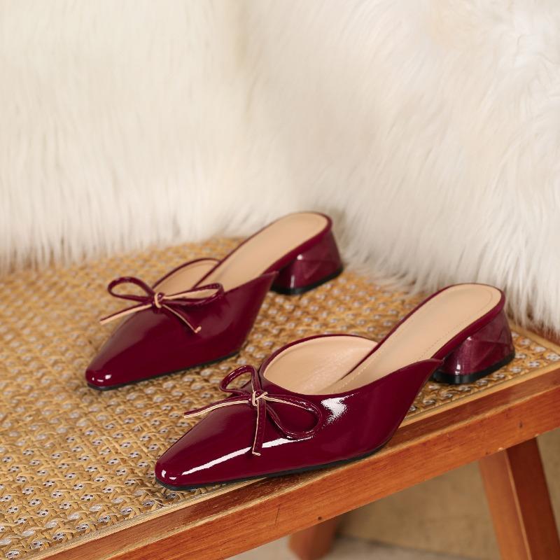 Spring square head burgundy bow high heel cool slippers women's large size microfiber leather single shoes fine high heel