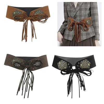 Boho Šněrovací Semišový Pás do Pasu Vintage Vyřezávané Dekorace Třásně Pás Samošněrovací Korzet Všestranný Pás do Pasu na Cestování