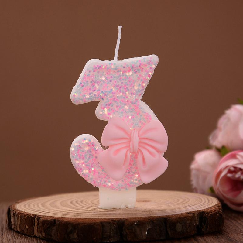 Cute Pink Bow Cake Number Candles Glitter 0-9 Digital Cake Toppers Kids Girls Birthday Party Cupcake Dessert Decoration Favors