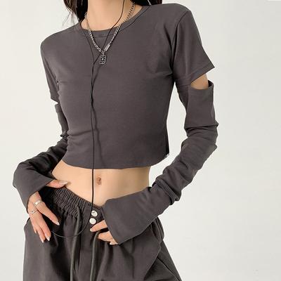 Reines Baumwoll-Langarm-T-Shirt für Damen mit neuem Slim-Basisshirt für Frühling und Herbst für außen, kurzes Slim-Top