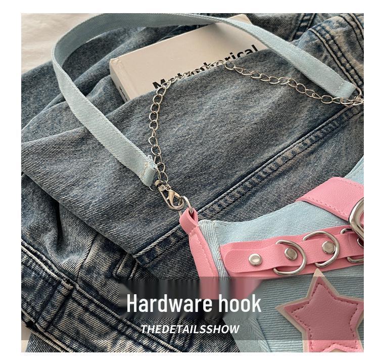 Modna jeansowa torebka na ramię z łańcuszkiem i nitami w kształcie gwiazdy dla kobiet - Jesień 2025