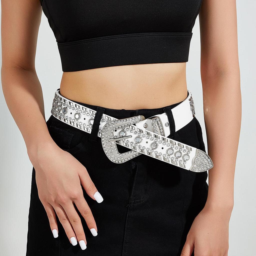 Studded Bling Bling Rhinestone Western [Lamerry] Belt, Belt, Belt, Belt, Y2K, Sequins, Glitter, 105cm, Women's/Men's (White)