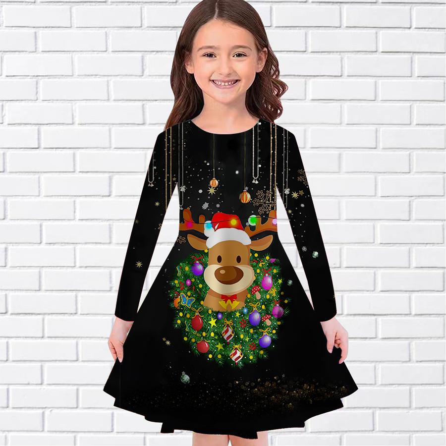 Girl Casual Christmas Gift Elk Print Round Neck Long Sleeve Dress Kid Princess Dress